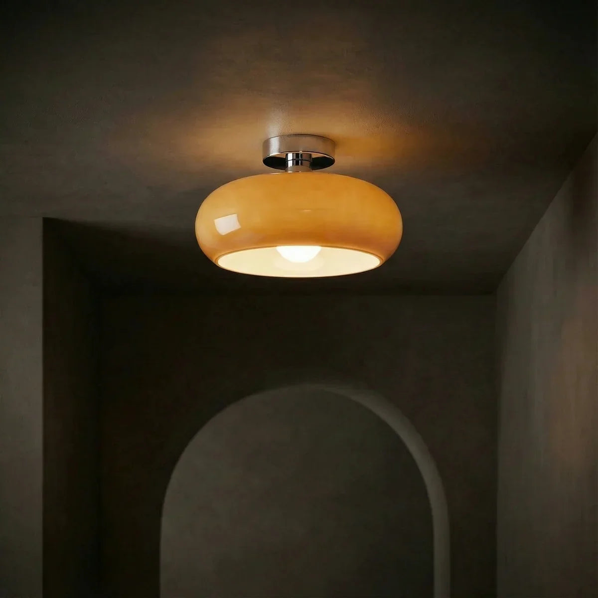 Vintage Amber Glass Ceiling Light With Brass Canopy